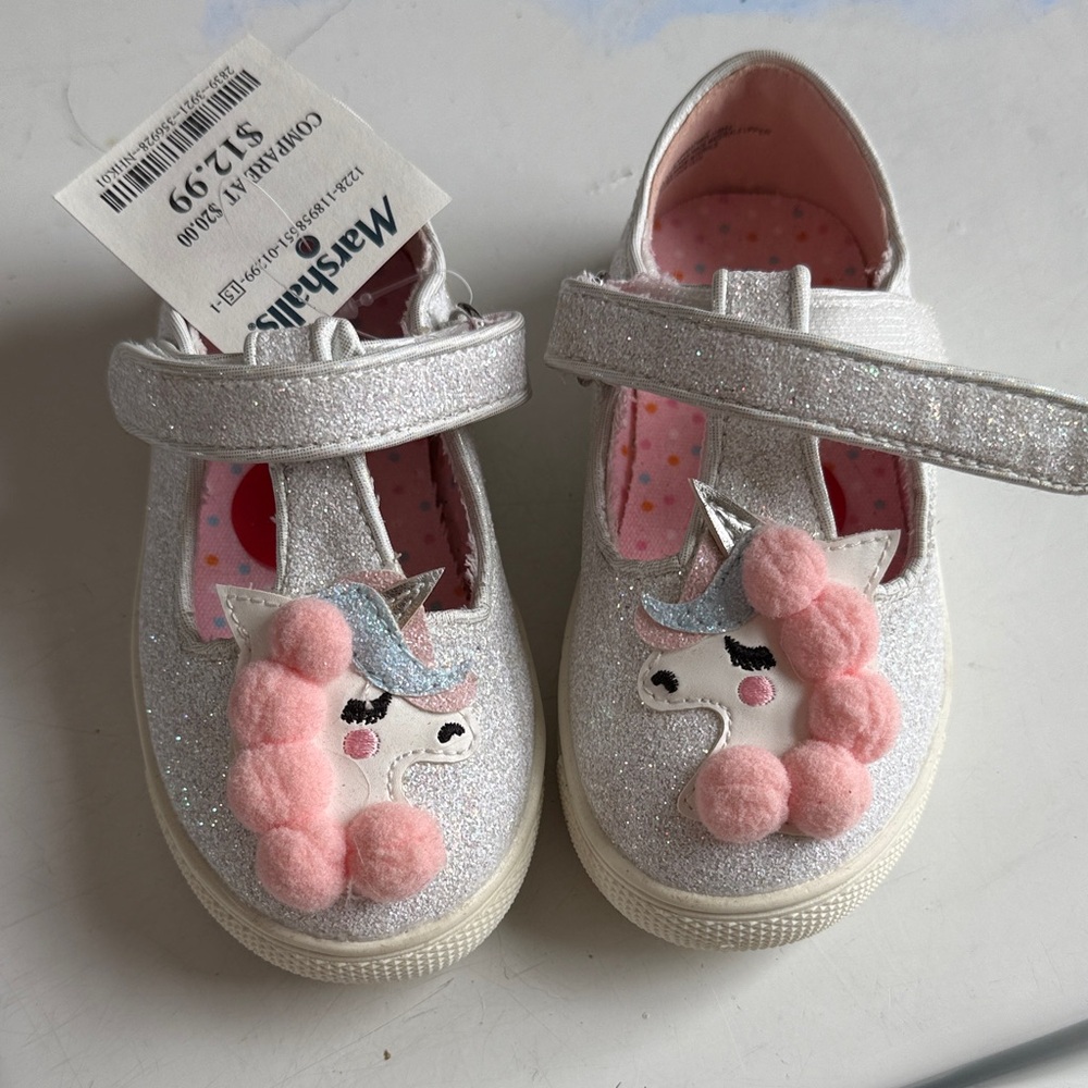 cupcakes & cashmere Silver Glitter Unicorn Mary Janes with Pink Pom Accents